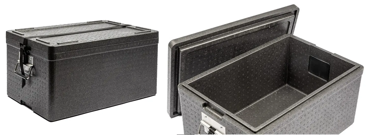 Musta styroksista valmistettu ruoan kuljetuslaatikko