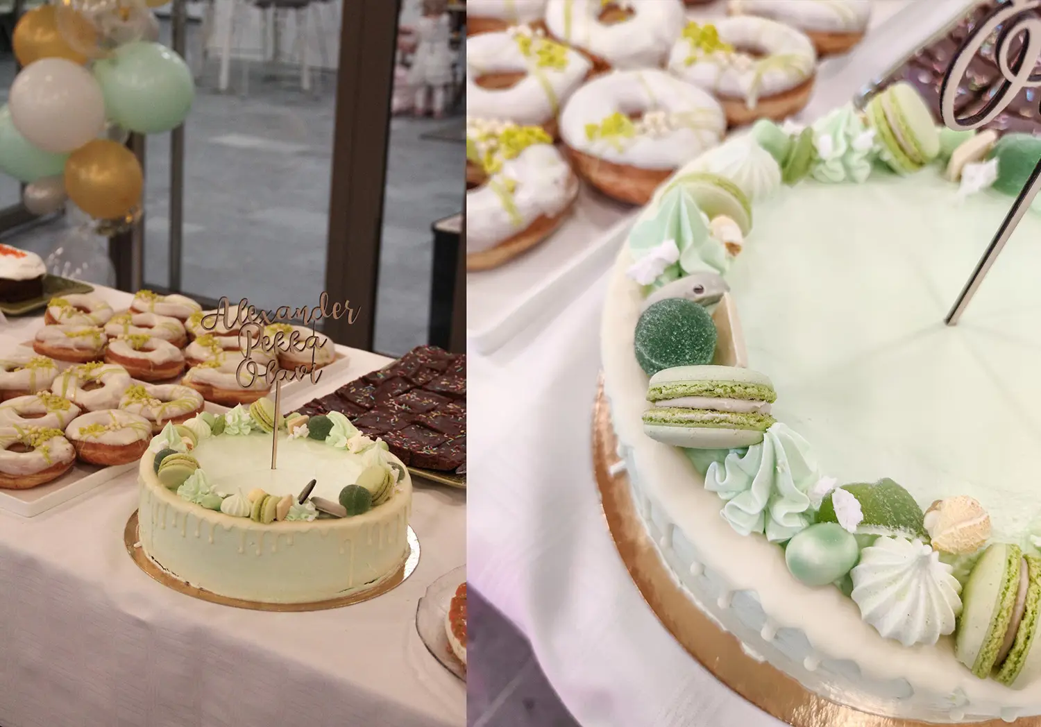 Vaaleanvihreät leivonnaiset ristiäispöydässä